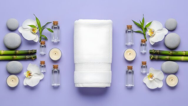 A serene spa setting with a neatly folded white towel at its center, surrounded by smooth stones, delicate orchid blossoms, bamboo stalks, small bottles of essential oil, and lit candles.