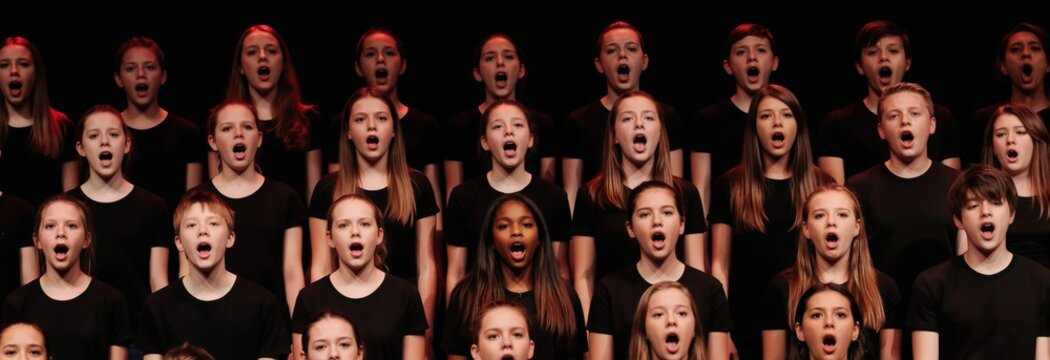 Childrens choir performs song on stage. Young boys, girls sing together in unison wearing black shirts. Diverse group sings indoors with focused expressions. Musical ensemble practices vocal