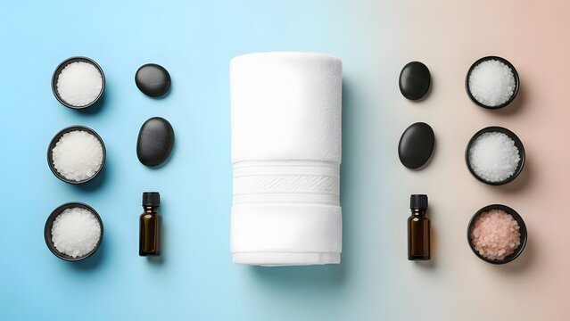 A flat lay of spa essentials arranged symmetrically on a gradient background. On the left, bowls of white salt, black stones, and essential oil sit next to a neatly folded white towel.