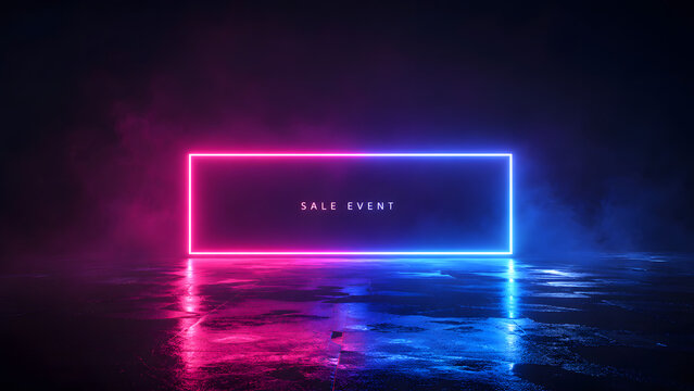 Futuristic Neon Light Frame Sale Event Text in Dark Room with Smoke. Pink and Blue Cyberpunk Glowing Rectangle Border Banner Template. Modern Digital Commerce Promo Background
