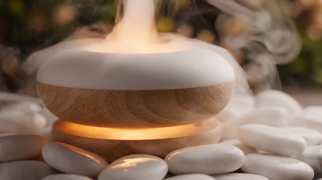 A wooden essential oil diffuser releases aromatic mist over smooth white stones
