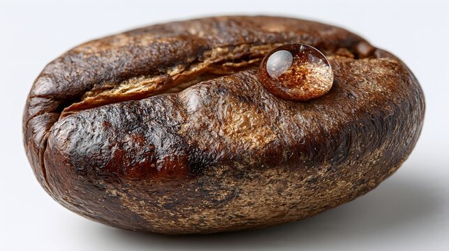 Macro shot of a single roasted coffee bean with a crystal clear water droplet on surface