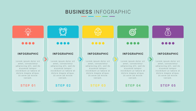 Clean layout with vertical rectangular columns and soft pastels provides a straightforward visual guide for administrative stages and project tracking. 5 Steps Vertical Columns Business Infographic Te