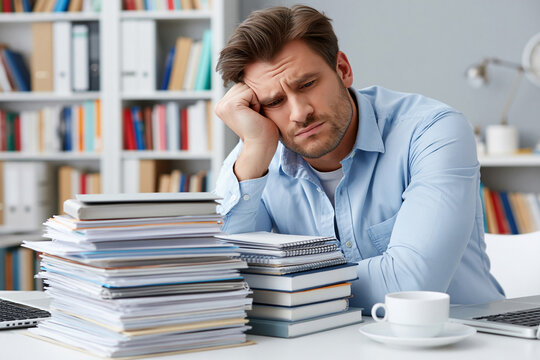 Man sits by stacks of books and papers in office