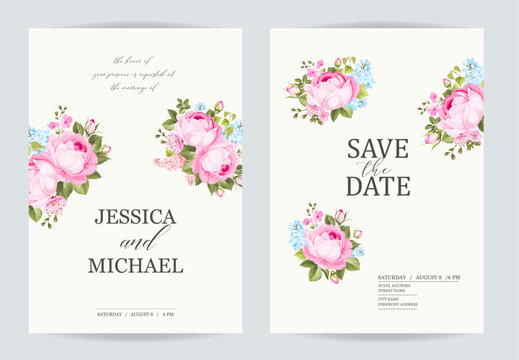 Marriage invitation card with custom sign and rose frame over beige