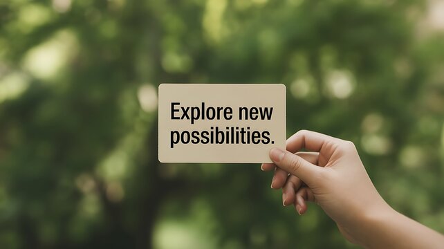 Hand holding card with explore new possibilities text outdoors