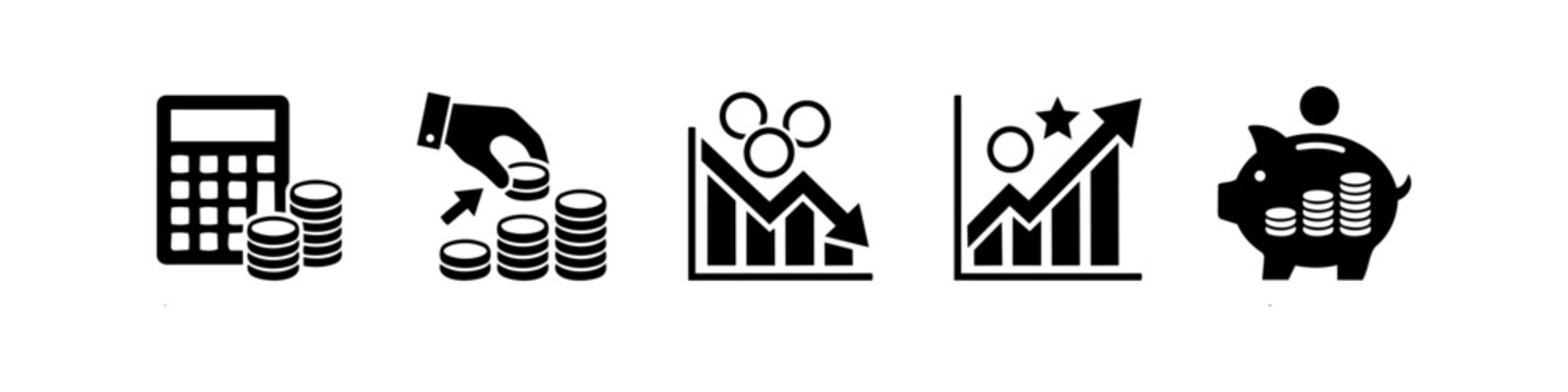Set of finance icons featuring a calculator, coin stacks, growth and decline charts, and a piggy bank. Vector symbols for accounting, investment, savings, and economic analysis.