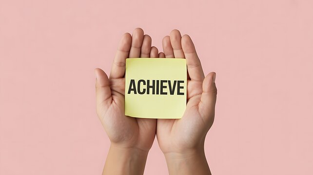 Hands holding yellow sticky note with achieve text on pink background