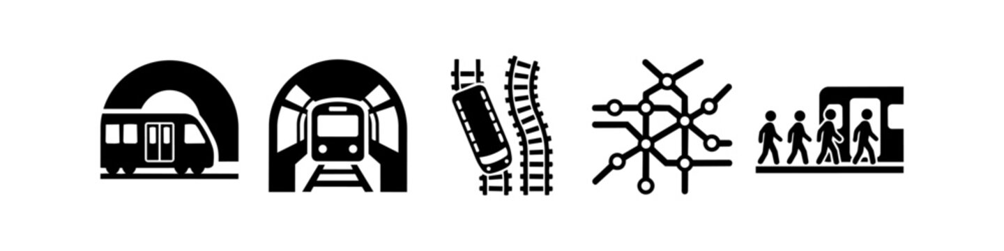 A collection of five black and white icons representing public metro systems, including trains in tunnels, tracks, a subway map, and passengers boarding at a station platform.