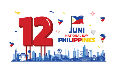 Obraz premium Philippines Independence Day design, minimalist June 12 design element box template, Philippines map and flag