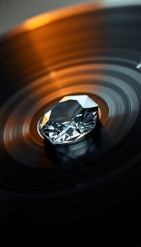 Extreme macro of a diamond stylus tracking in black vinyl record grooves.