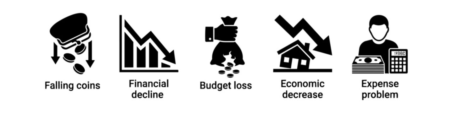 Set of financial crisis and economic loss icons including falling coins, declining charts, torn money bags, and mortgage problems. Ideal for business, finance, and recession themes.