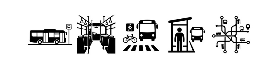 Set of black icons representing public bus transportation, featuring bus stops, vehicle interiors, pedestrian crossings, commuter shelters, and urban route map networks. © Nort Kor