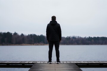 Fototapeta premium Man in black jacket stands on wooden pier over lake. He looks at water with thoughtful expression. Peaceful winter nature scene with forest backdrop. Solitary figure, quiet contemplation, fresh air.