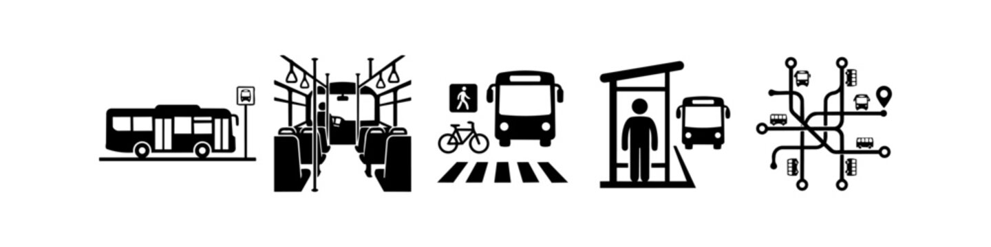 Set of black icons representing public bus transportation, featuring bus stops, vehicle interiors, pedestrian crossings, commuter shelters, and urban route map networks.