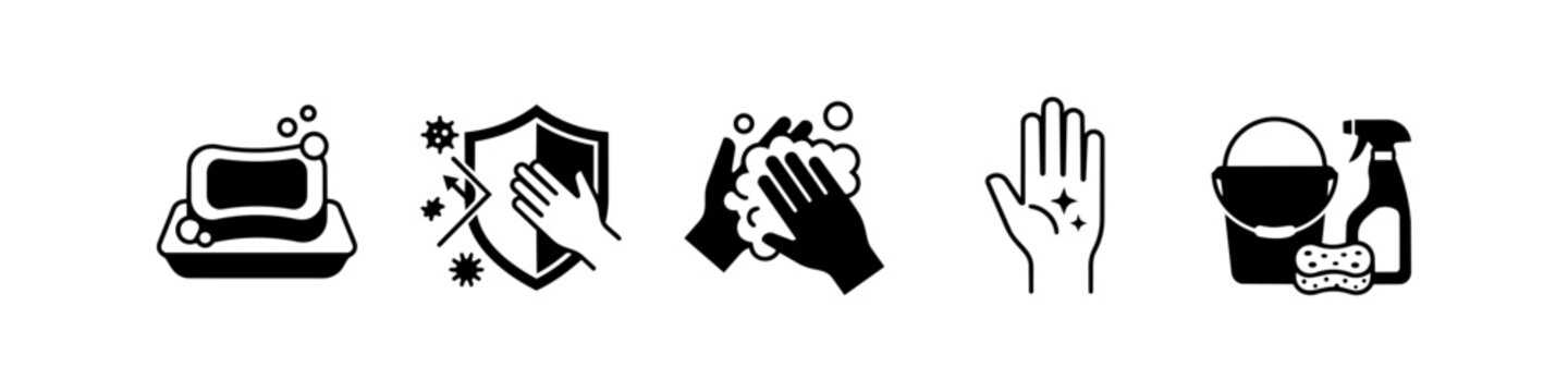 Set of black hygiene and cleaning icons featuring hand washing, soap bar, protective shield against germs, and cleaning supplies. Minimalist vector illustration for health and safety concepts.