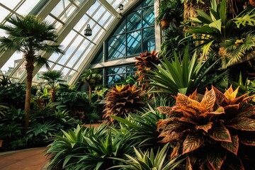 Fototapeta premium Luxurious indoor conservatory filled with lush tropical plants and palm trees under a glass roof. Abundant green foliage creates a serene oasis, inviting calm and nature into urban spaces.