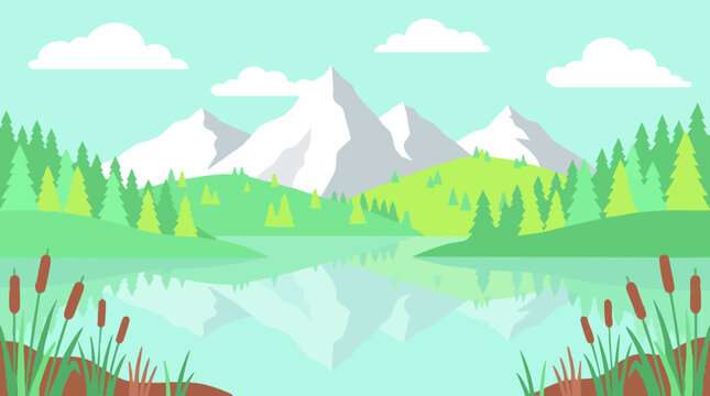 Flat design landscape: mountains, forest, lake, and cattail plants