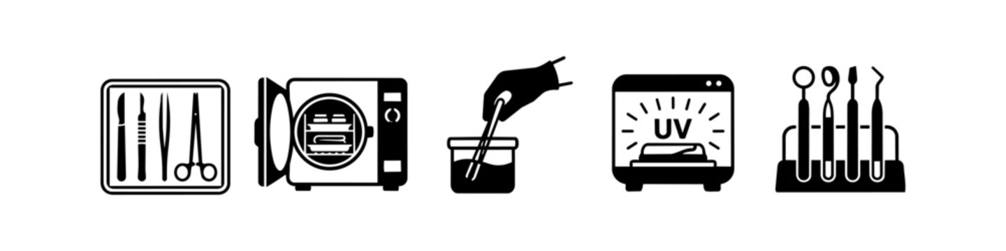 Set of black and white icons showing medical and dental instrument sterilization processes, including autoclave, UV light, chemical disinfection, and surgical tool trays.