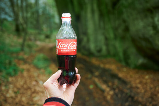 POV of hand holding Coca-Cola bottle on forest trail with blurred rocky background