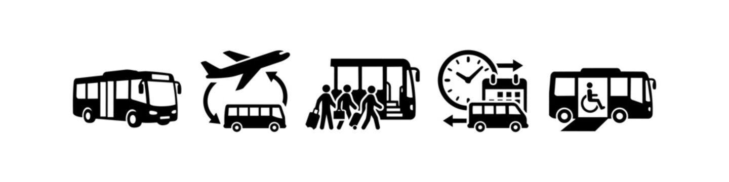 Vector icon set for public transport and airport shuttle services. Icons include bus, flight connection, boarding passengers, scheduling, and wheelchair accessibility. Black on white background.
