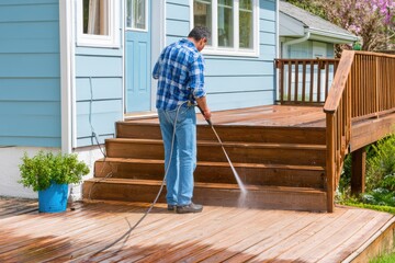 Fototapeta premium Man Pressure Washing Wooden Deck Outside Blue House