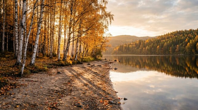 Autumn Birch Trees by Calm Lake