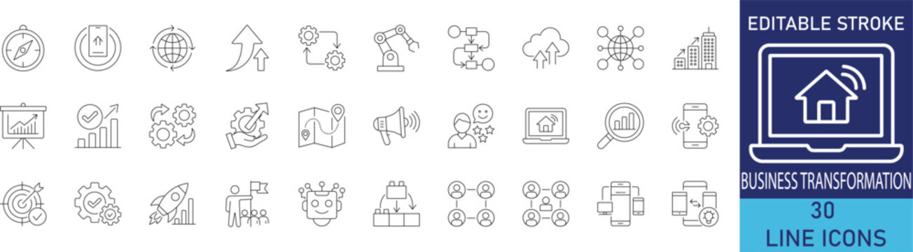 Business transformation and strategic evolution line icon set. Vector symbols for digital conversion, corporate restructuring, innovation pivot, and change agile workflow.
