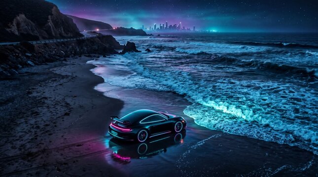 Cyberpunk Coastal Night Drive