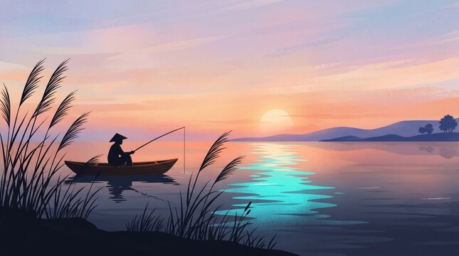 Peaceful Sunset Boat Illustration