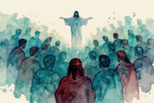 Jesus Christ speaks to crowd of people in minimalist watercolor style. Disciples listen intently to his divine message of hope and compassion. This sacred biblical scene inspires faith and community.