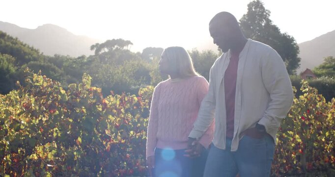 Couple holding hands in vines sun backlighting flare man sliding hand to pocket watch, copy space