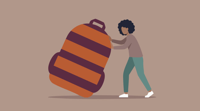Person Struggling to Push a Giant Backpack: Concept of Heavy Burden