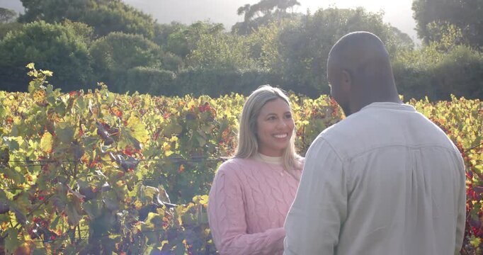 African American couple in sunlit vineyard, man leaning toward her hands, she laughing in pink knit