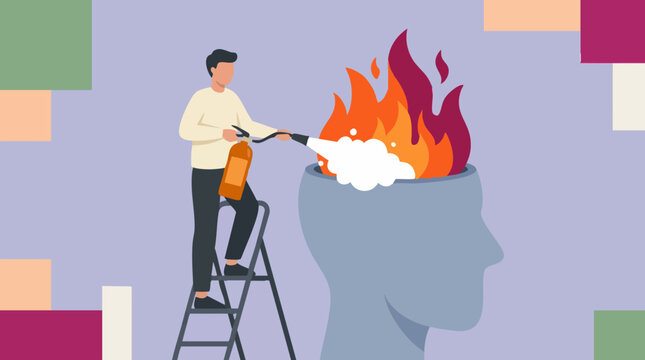 Coping with stress: Man uses fire extinguisher to put out fire in human head