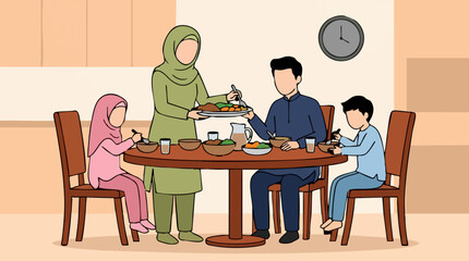 Fototapeta premium Muslim Family Enjoying a Meal Together at Home, Illustration