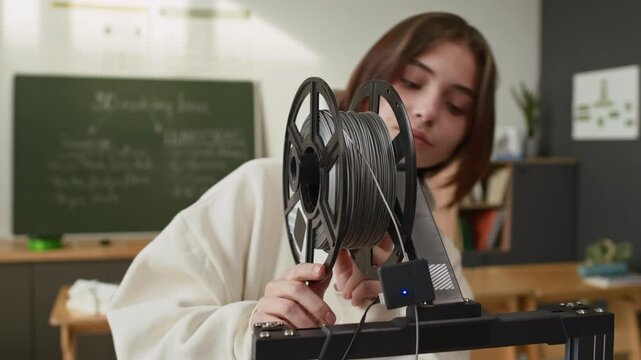 Close up shot of girl in hoodie adjusting gray spool of plastic on holder of 3D printer in modern school classroom