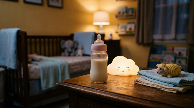 Baby bottle prepared for a peaceful night routine in a cozy nursery interior. Warm parenting lifestyle scene about newborn comfort, evening care and calm family moments