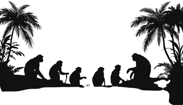 Silhouette of monkeys gathered under palm trees suggests a primitive gathering or evolutionary theme.