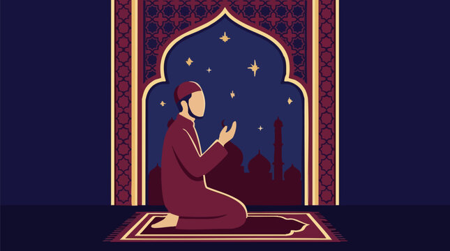 Muslim man praying at night on prayer mat, with mosque and stars