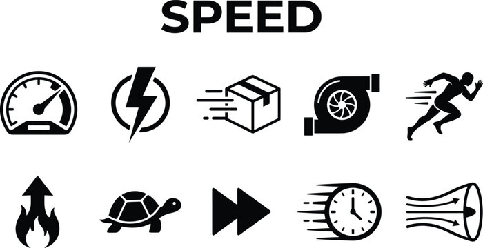 Speed icons in a row showing fast delivery growth and movement against a white background