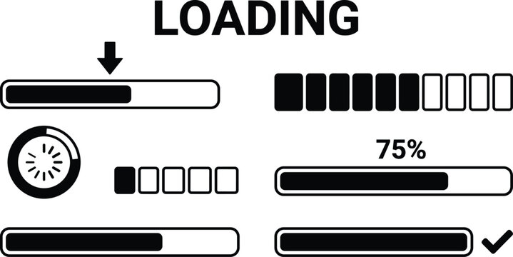 Progress bar icons with percentage and checkmark during computer loading process