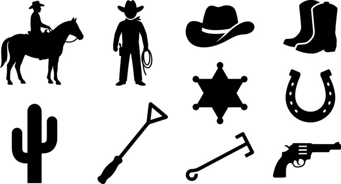 Western cowboy icons set including horse rider, man, hat, boots, sheriff badge, horseshoe, cactus, lasso, pickaxe, revolver and spur