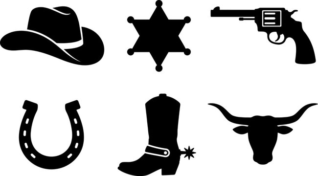 Western themed icons including cowboy hat, sheriff badge, revolver, horseshoe, boot, and bull head in black vector file
