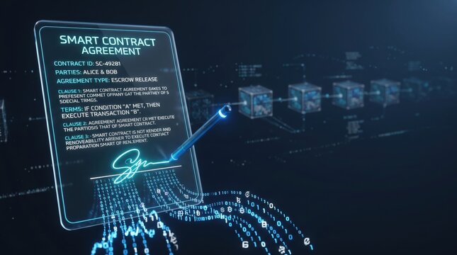 Smart contract agreement on digital document with glowing blue signature and blockchain technology