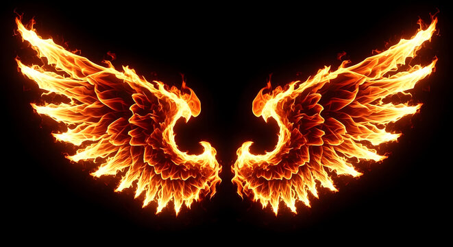 Fiery wings spread against a black background dramatic flames and intense heat