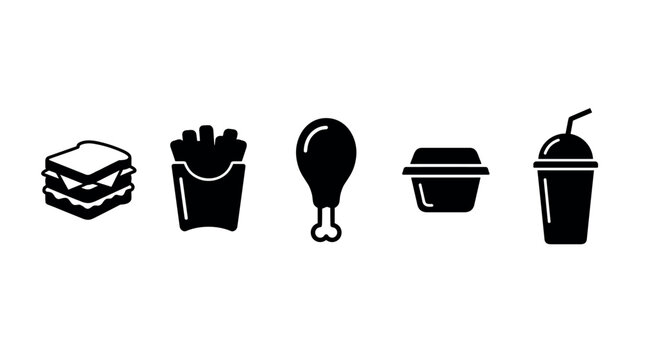 Fast food icons collection featuring sandwich, french fries, chicken drumstick, sauce container, and a refreshing beverage cup with straw.