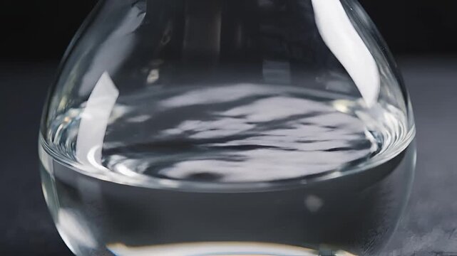 Clear liquid being poured into a glass flask in a laboratory setting.