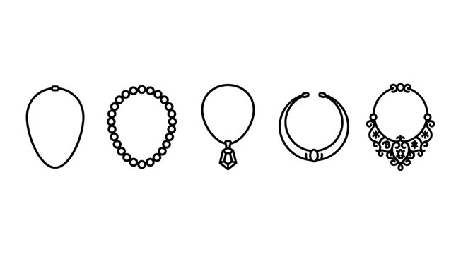Five different types of necklaces and jewelry icons representing various styles and designs in a minimalist line art illustration.