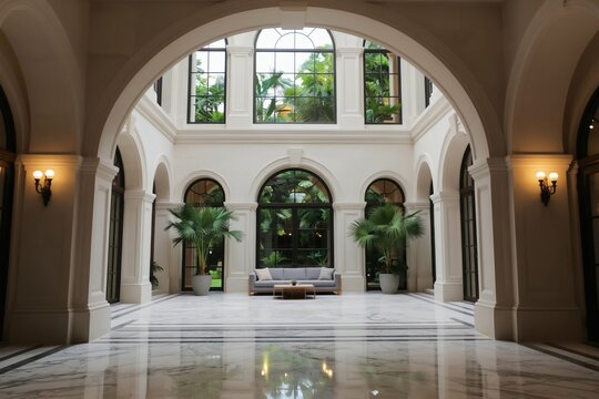 Grand atrium with high arched windows overlooks green garden. White marble floors reflect light, two palm trees flank modern sofa, coffee table. Interior design blends monastery style with